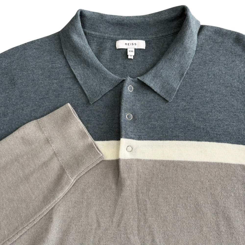 Reiss Eastlong Knit Polo Sweater Mens XXL Blue Gray Long Sleeve Colorblock